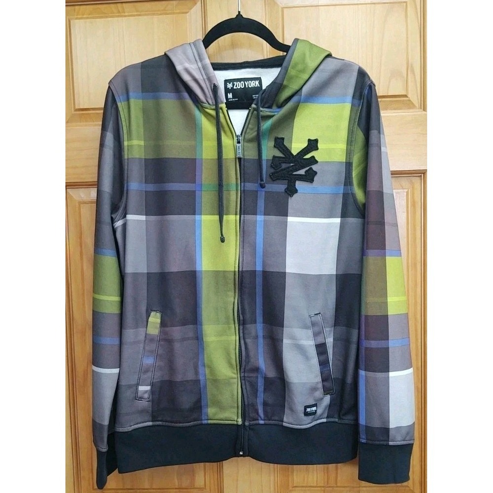 Zoo York Hoodie Plaid Size M Unisex Long Sleeves Zip Front Preppy